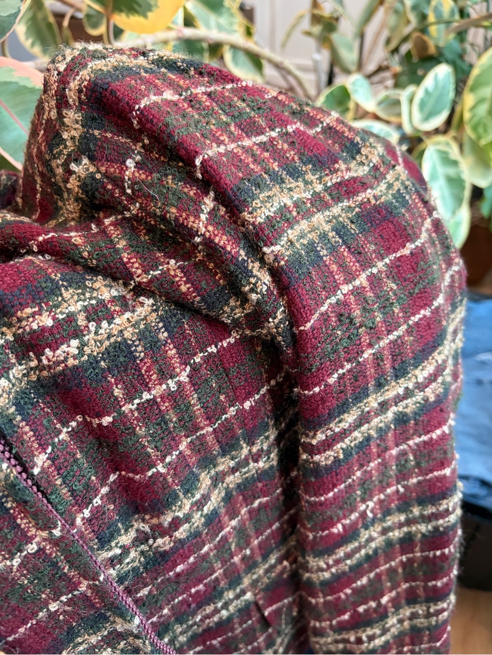 Sag Harbor Vintage Plaid Tweed Jacket Size 10 Burgundy Green Tartan Zip Front - Picture 8 of 9